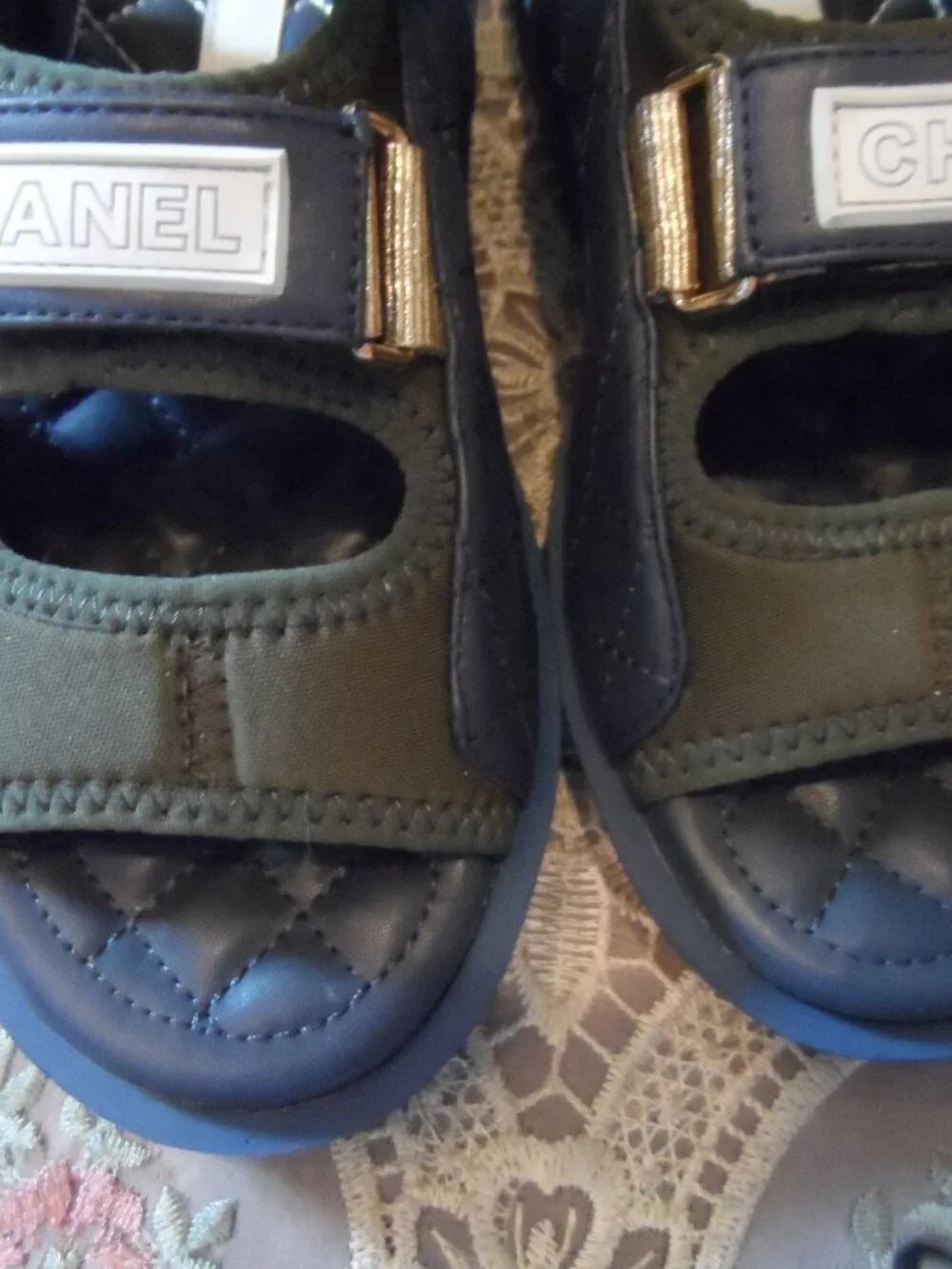 New Chanel Navy Blue & Army Green Gladiator Sandals Size 36C